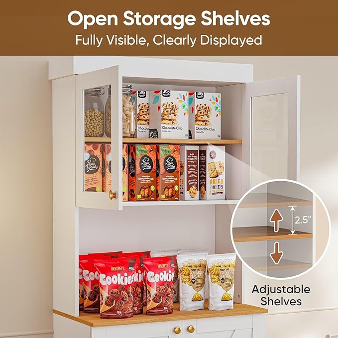 Vyre 71" Farmhouse Kitchen Pantry Cabinet Set of 2, White Freestanding Coffee Bar Hutch with Glass Doors & Adjustable Shelves, Large Storage Cabinet with Microwave Stand for Living Room & Kitchen