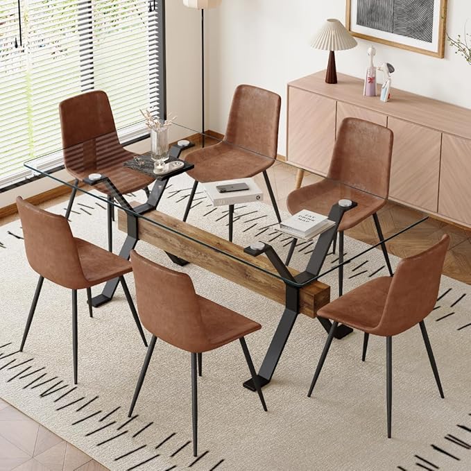 7 Piece Glass Dining Table Set, Kitchen Table Chairs Set for 6, 71'' Dining Table with 0.4" Tempered Glass Tabletop with Plated Metal Legs and MDF Crossbar, 6 Suede Chairs for Dining Room, Kitchen.