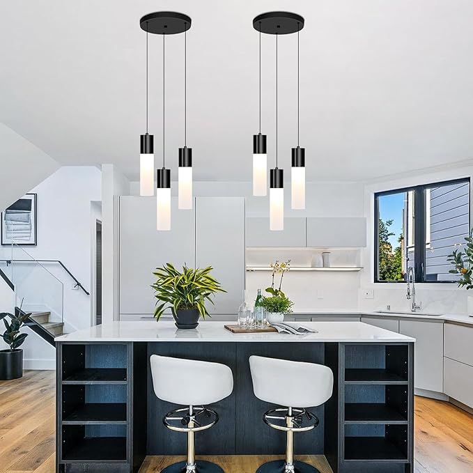 Cluster Pendant Lighting Fixture Black 3-Light Modern Hanging Dining Table Light with Milky White Lampshade LED Pendant Lights for Kitchen Island Dining Room Adjustable Height, 3000K-6000K