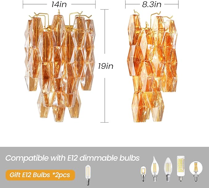 Brass Wall Sconce, 2-Light Amber Glass Sconce Wall Lighting, Gold Wall Light Vanity Light for Bathroom, Wall Lamp for Living Room, Bedroom,Vanity, Stairs, Hallway, Farmhouse