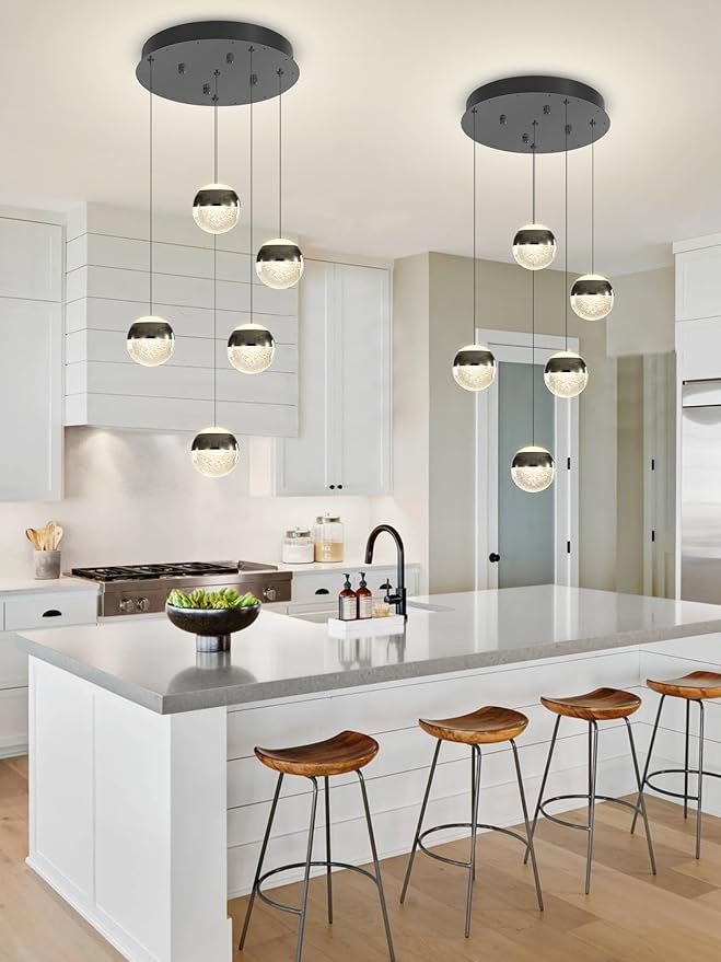 6-Lights Globe Pendant Light Modern Crystal Pendant Chandelier Black Globe Chandeliers for Kitchen Island, Hanging Light Fixture for Dinning Room Bedroom