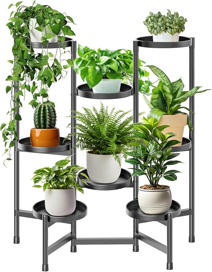 5 Tier Plant Stand Indoor Tall, Adjustable Black Plant Shelf for Multiple 8 Potted Flower Plants Holders, Corner Metal Flower Display Rack for Patio Garden Balcony Living Room Office (A)