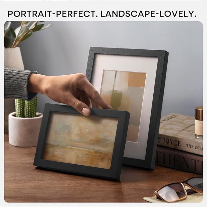 Homeforia 5x7 Picture Frame Black Wood, High End Oak 5by7 Black Wooden Frames with Mat 4x6 Print, 5 x 7 Frame Matted to 4 x 6 inch Photo, 7x5 Wall or Tabletop Frame, Tempered Glass, Wall Kit, Set of 1
