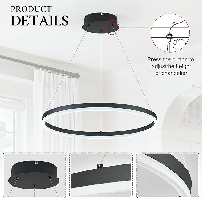 Modern LED Pendant Lighting 24'' Ring Chandelier Black Dimmable LED Chandelier for Dining Room 36W Adjustable Pendant Light Fixture for Living Room Bedroom Home Office Foyer, 3000-6500K