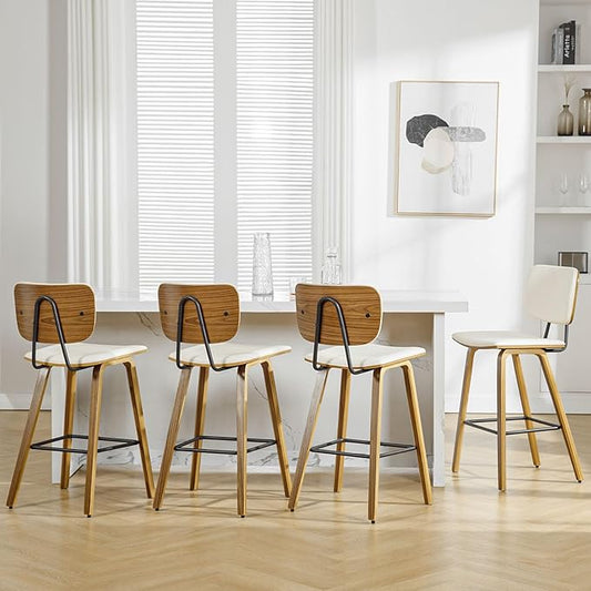 Counter Height Bar Stools Set of 4, PU Leather Upholstered Barstools with Backs, Bent Wood Legs, 26 Inch Seat Height, Mid Century Modern Counter Stools for Kitchen Island, Cream White