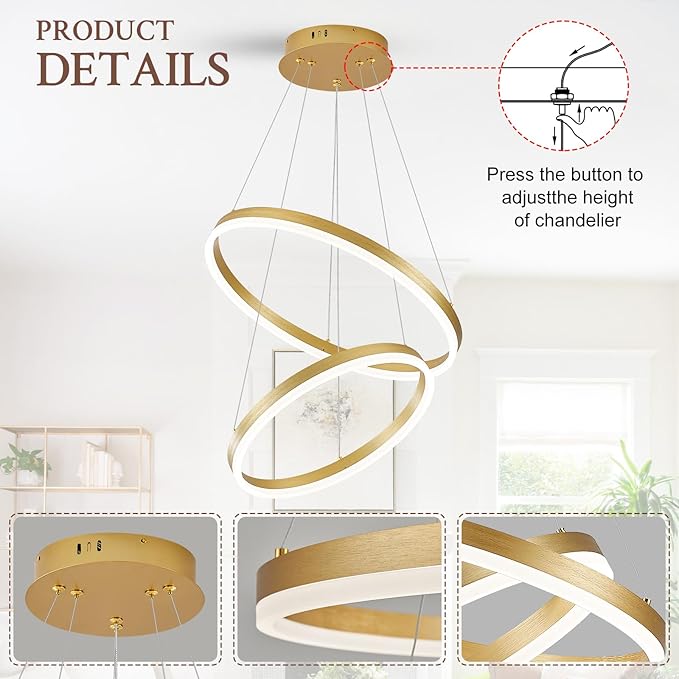 Modern LED Chandelier Gold 2-Rings Pendant Light Circular Flush Mount Ceiling Chandelier Lighting with Remote Control for Bedroom Living Room Dining Room Entrance, 3000K-6500K