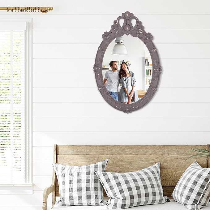 Brown Rustic Mirrors for Wall Vintage Carved Oval Wood Framed Mirror Decorative Wall Hanging Mirror for Bedroom Living Room Bathroom 24 x 16 inch