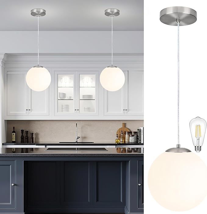 KoKo&Yukina 10 Inch Pendant Light Nickel Globe Pendant Lights Kitchen Island Mid Century Light Fixture Adjustable Globe Cluster Lights with Milky White Glass Shade for Dining Room Living Room