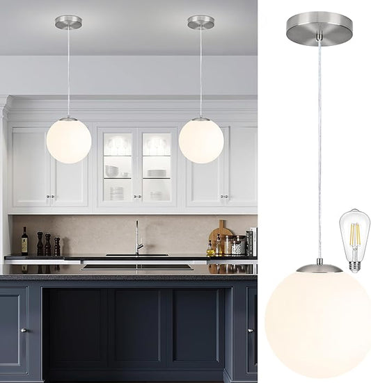 KoKo&Yukina 10 Inch Pendant Light Nickel Globe Pendant Lights Kitchen Island Mid Century Light Fixture Adjustable Globe Cluster Lights with Milky White Glass Shade for Dining Room Living Room