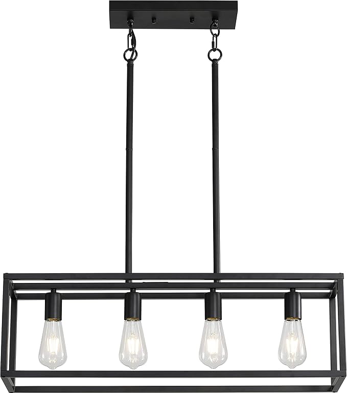 Black 4-Light Industrial Vintage Chandelier, Modern Linear Rectangular Cage Hanging Light Fixture for Farmhouse Kitchen, Dining Room, Bar, Living Room