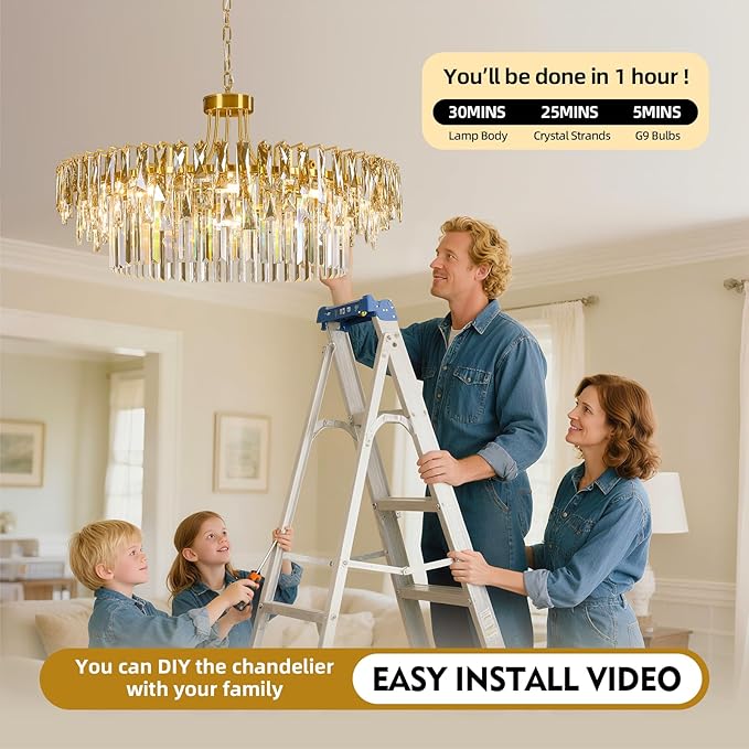 Modern Large Round Crystal Chandelier - 31.5'' Luxury K9 Crystals Chandeliers for Dining room,3 Tier Raindrop Chandelier for Living room,Gold Contemporary Light Fixture for Bedroom Foyer Kitchen