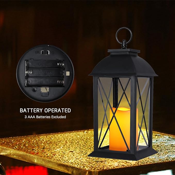 2 Pack 13-Inch Black Decorative Lantern with LED Candle (6hr Timer) - IP65 Waterproof Battery Powered - Outdoor Patio Hanging Lanterns Decorative Tabletop Lanterns