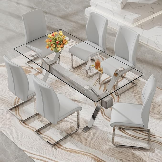 71'' Glass Dining Table Set for 6,7 Piece Dining Table Set with Tempered Glass Tabletop and Open‑Frame X‑Shaped Metal Base,Kitchen Table and Chairs Ideal for Dining Room&Home Office