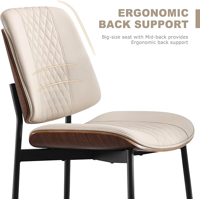 BV Dining Chairs Set of 4, PU Leather Armless Kitchen Chair in Modern Walnut Style, Mid Century Bentwood Side Chair with Metal Legs, Retro Accent Guest Chair for Kitchen Dining Room(Beige)