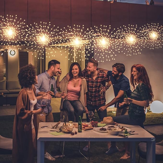 4 Pcs 800LED Solar Starburst Sphere Lights,Firework Light Remote Control Timer 8 Modes Dimmable Waterproof Hanging Fairy Lights, Sparkly Light for Patio Garden Tent Outdoor(Warm White)