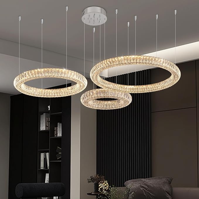 32"+24"+16" 3 Rings Crystal Chandeliers Lighting and Hanging Ring Adjustable, Stainless Steel Ceiling Light