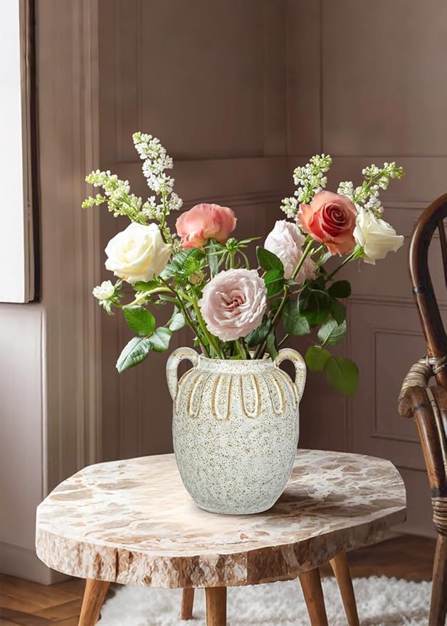 Vintage Ceramic Vase with 2 Handles,Farmhouse Boho Vase for Home Decor, Petal-Like Pluting Rustic Vase for Flower, Centerpiece Table Decoration 6.1 Inch