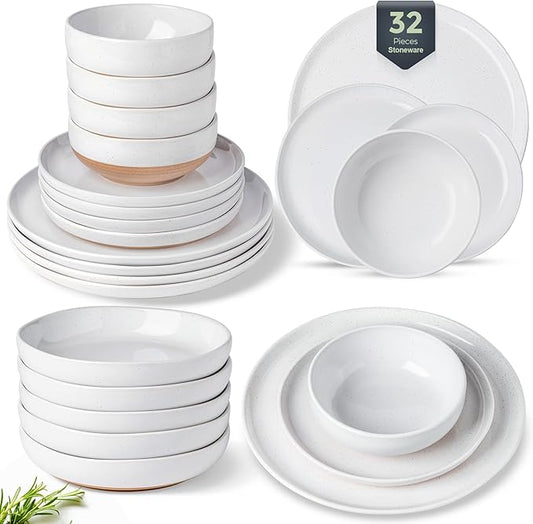 AmorArc 32 Pieces Ceramic Dinnerware Sets for 8, Handpainted Plates and Bowls Set with Rustic Terracotta Underside, Scratch Resistant Stoneware Dishes Set, Dishwasher & Microwave Safe, White