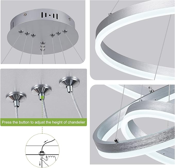 3-Rings D23.6 Modern LED Chandelier Silver Dimmable Pendant Lighting with Remote Control Circular Flush Mount High Ceiling Light for Dining Room Living Room Bedroom Entrance Foyer, 3000K-6500K
