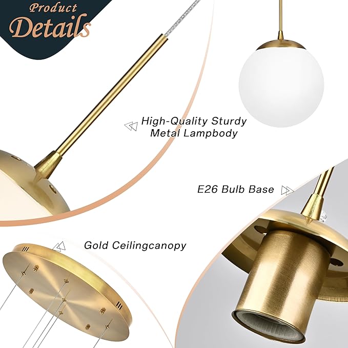 KoKo&Yukina 5-Light Globe Glass Pendant Light Adjustable Length Pendant Lights Fixtures Modern Gold Chandelier with Milky White Glass Ceiling Lights for Foyer Hallway Bedroom (Bulb & Remote Incl.)