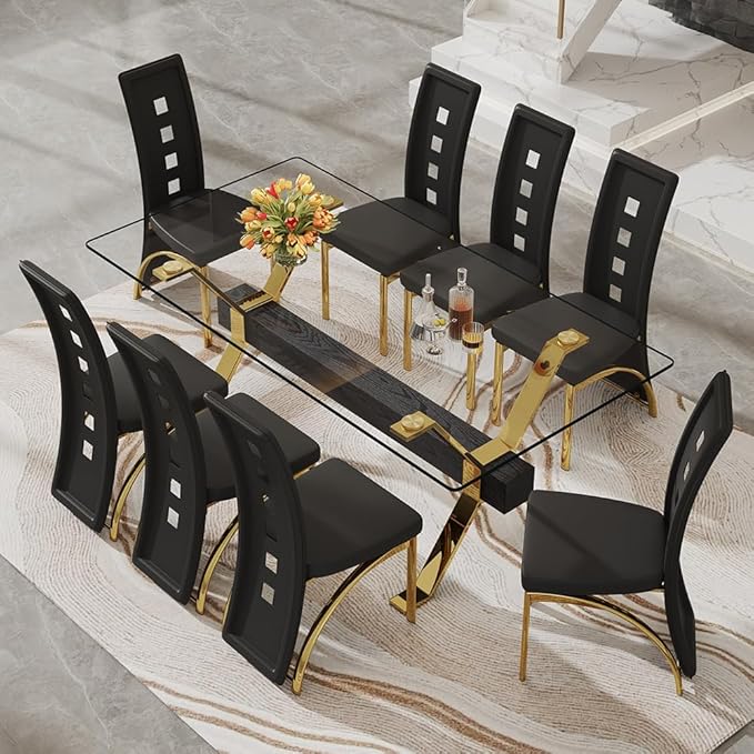 71'' Glass Dining Table Set for 8,9 Piece Dining Table Set with Open‑Frame X‑Shaped Golden Metal Base,Gold Kitchen Table and Chairs Ideal for Dining Room&Home Office