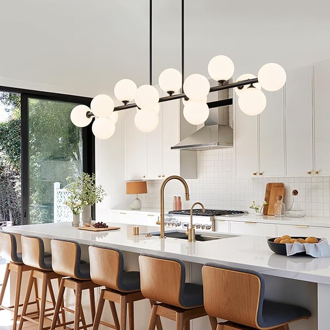 Linear Chandeliers for Dining Room, 55in Large Modern Globe Chandelier 16-Light Large Pendant Lights Kitchen Island Lighting with Milk White Glass Sputnik Chandelier Bubble Sputnik Light Fixture
