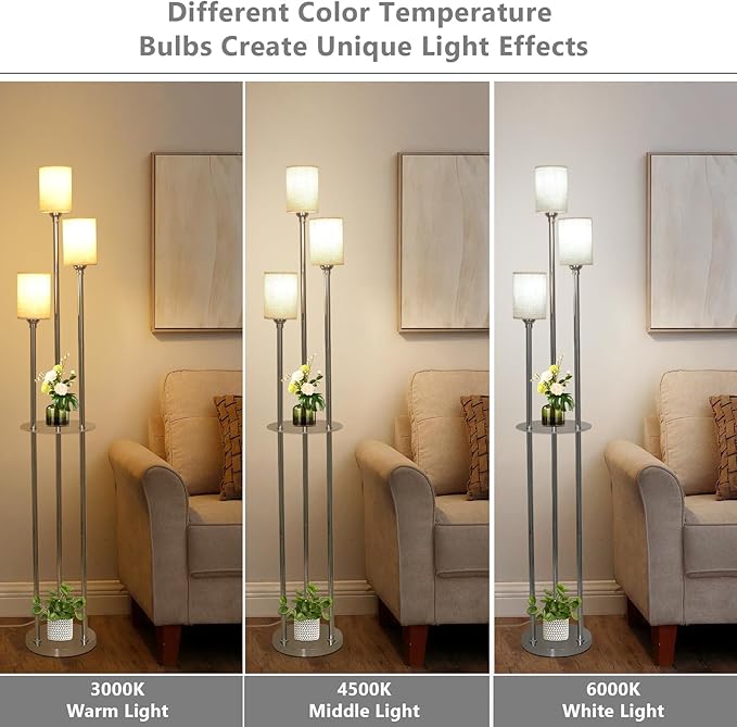 Floor Lamps for Living Room, 3-Lights Modern Floor Lamp with Shelves, Chrome Standing Lamp with Fabric Shade and Foot Switch, Shelf Standing Lamps with Table, Tall Lamps for Bedroom Office