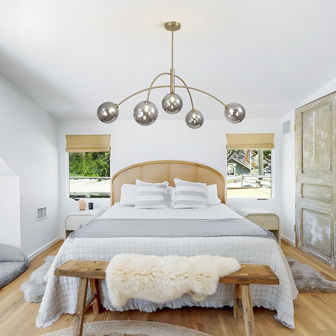 Modern Gold Chandelier 5 Light Smoke Gray Semi Flush Mount Chandelier Vintage Industrial Ceiling Light Dining Room Chandelier for Kitchen Bedroom Hallway