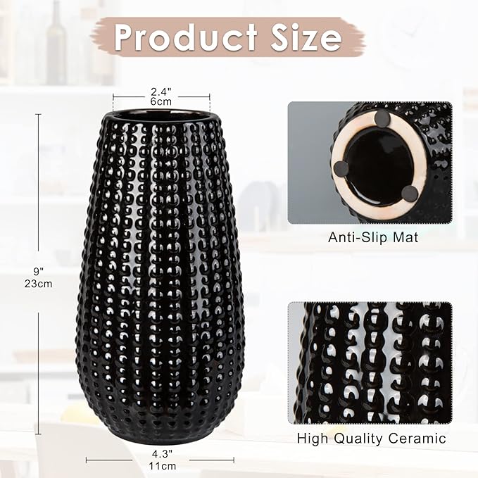 Black Ceramic Vases for Flowers, Boho Flower Vase for Home Decor, Farmhouse Distressed Decorative Vases for Pampas Grass, Mantel, Shelf, Living Room, Table Decoration