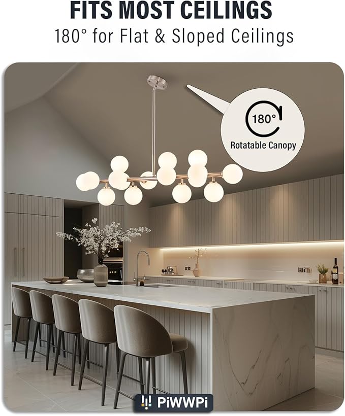 Glass Globe Sputnik Chandelier, 16-Light Mid Century Modern Light Fixture Over Table, Linear Chandeliers for Dining Room, Kitchen Island, Nickel and Milk White Bubble, 40 Inch, GC-02