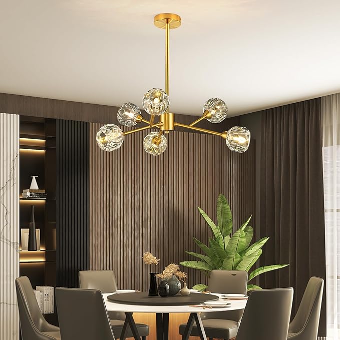 Sputnik Chandeliers for Dining Room Light Fixture Over Table, Modern Crystal Chandeliers, 6 Lights Gold Lighting Fixtures for Living Room Bedroom Kitchen Island