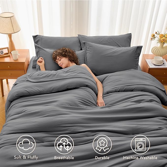 MUXHOMO 5 Pieces Twin Comforter Set, Soft Bed in a Bag Twin Size, All Season Bedding Set with Comforter, Flat Sheet, Fitted Sheet, Pillowcases & Shams, Dark Grey