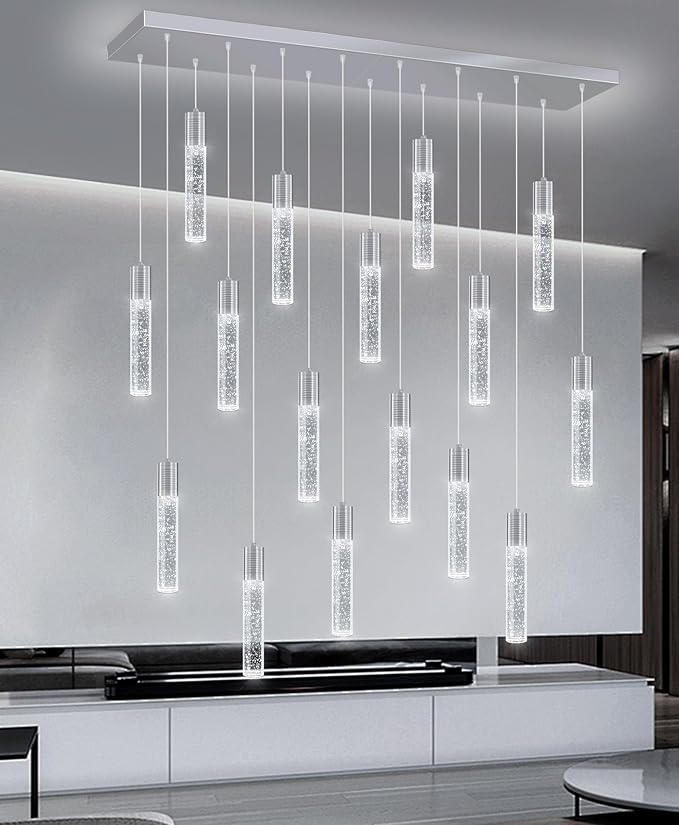 16-Lights Modern Crystal Rectangular Chandeliers LED Pendant Light for Kitchen Island High Ceiling Chandelier for Dining Room Entrance Foyer Living Room Silver