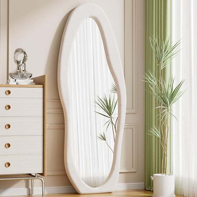 Wavy Floor Mirror, Irregular Full Length Mirror, 63"x24" Full Length Standing Mirror, Flannel Frame Mirrors Floor Length, Hanging or Leaning Wall Mounted Mirrors for Bedroom, No Stand (White)