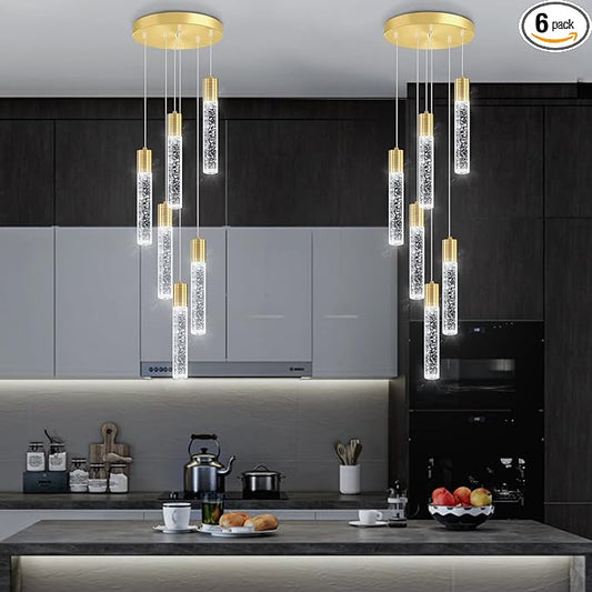 6-Lights Modern Crystal Chandeliers for Dining Room Kitchen Island Crystal Pendants Light Fixture High Ceiling Hanging for Entryway Bedroom Foyer 6000K