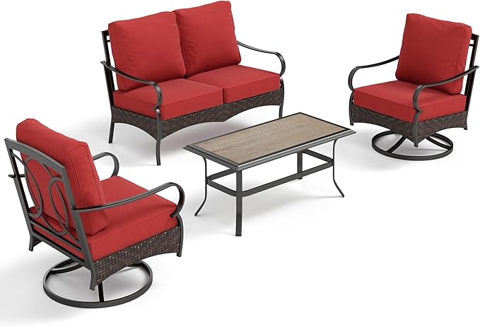 PHI VILLA Outdoor Porch Furniture Set, Upgraded Wicker&Metal Deep Seating Patio Furniture Conversation Set with Waterproof Thick Cushions for Balcony, Deck, and Yard (4 Pieces,Red)