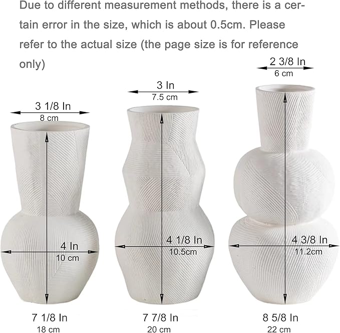 Ceramic Vases for Flowers, Matte White Ribbed Vase Set of 3, Decorative Vases for Pampas Grass, Modern Farmhouse Home Decor, Pottery for Centerpieces, Boho Vases