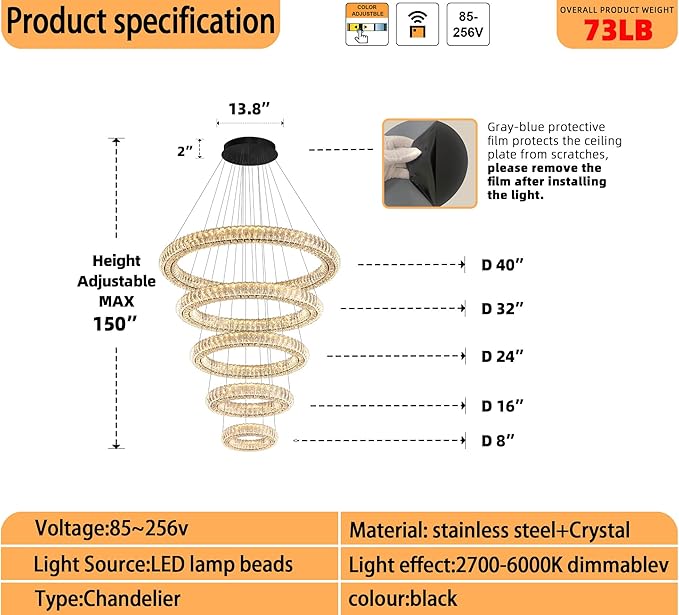 Modern Crystal Chandelier Lighting, Black 5 Ring Chandeliers LED Ceiling Lights Fixtures High Ceiling Chandeliers for Staircase, D8''+15.7"+23.6"+31.5"+39.4"