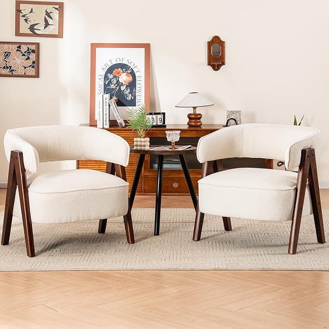 Kidol & Shellder Mid Century Accent Chair Comfy Fabric Modern Accent Chairs Upholstered Lounge Reading Armchair with Thicken Seat Cushion Wood Frame for Living Room,Bedroom, Reading Room （White）