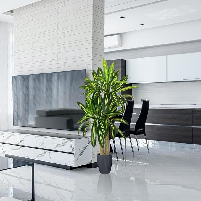 Artificial Dracaena Tree, 5ft Tall Fake Dracaena Plant with Basket, Indoor Outdoor Faux Topiary Yucca Trees for Office Home Living Room Porch Patio Décor