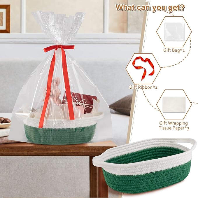 OIAHOMY Gift Basket Empty with Handle, 12"x 8"x 5" Small Woven Basket with Gift Bag, Ribbon and Wrap Tissue Paper, Dog Toy Storage for Organizing - Green & White