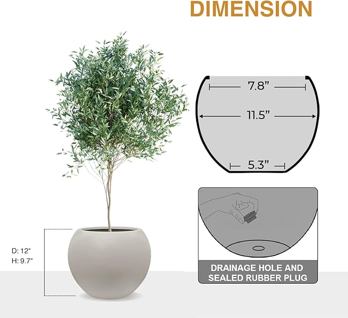 9.7" H x 12" D Globo Fiberstone Round Planter with Drainage Hole, Weather Resistant, Smooth Finish, Planters for Indoor Plants & Outdoor, 2 Extra Coco Mats (Taupe, 7.8" Pot Opening)