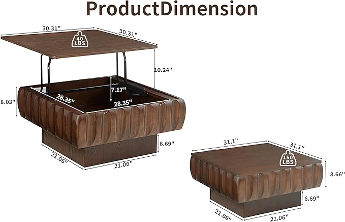 31" Lift Top Coffee Table for Living Room, Fluted Coffee Table with Hidden Storage Compartment, Mid Century Modern Solid Wood Veneer Square Center Table for Office Apartment Small Space, Walnut