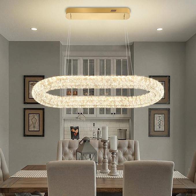 Oval Crystal Chandelier, 31.5'' Gold Crystal Ring Pendant Light for Kitchen Island Modern Linear Oval Chandeliers for Dining Room Dimmable 3000K-6000K