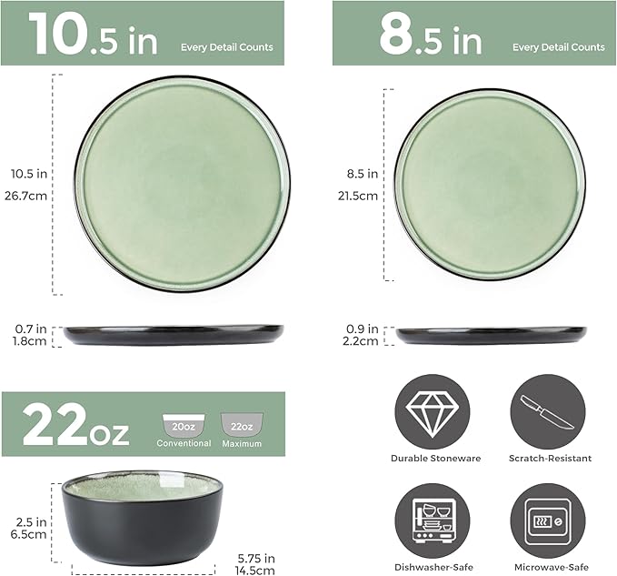 AmorArc Stoneware Dinnerware Sets,Round Reactive Glaze Plates and Bowls Set,Highly Chip and Crack Resistant | Dishwasher & Microwave Safe Dishes Set,Service for 4 (12pc)