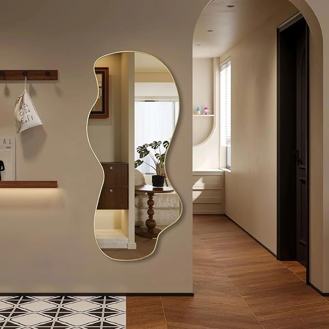 POZINO Irregular Wall Mirror, Gold Asymmetrical Mirrors Decorative, 47.2"x21.6" Large Wavy Shaped Mirror, Modern Frameless Wall Mirrors for Living Room Bathroom Bedroom Hallway Entryway Fireplace