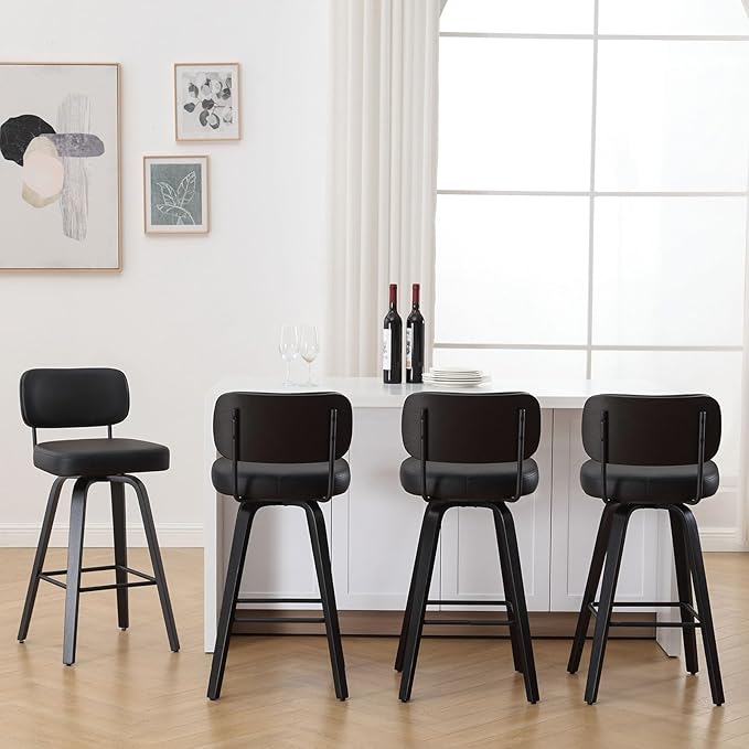 Swivel Bar Height Stools Set of 4, Upholstered Faux Leather Barstools with Back, 29" Seat Height Tall Bar Stools for Kitchen Counter, Black Wood Frame, Black