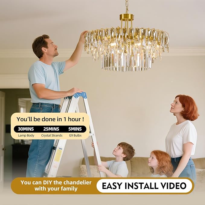 Modern Gold Round Crystal Chandelier - 23.6'' Luxury K9 Crystals Chandeliers for Dining room,3 Tier Raindrop Chandelier for Living room,Contemporary Light Fixture for Bedroom Foyer Entryway Kitchen