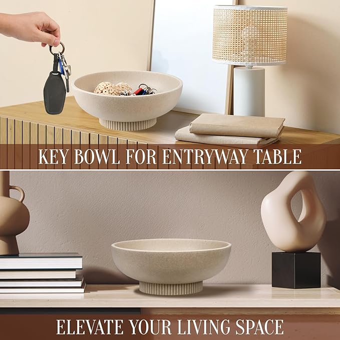 Large Resin Pedestal Decorative Bowl - Modern Handicraft Bowls for Home Decor - Fruit Bowl for Kitchen Counter - Key Bowl for Entryway Table,Artificial Stone Beige