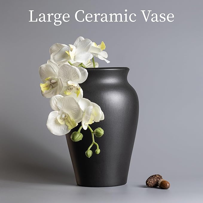 Ceramic Black Vase Home Decor, 9 Inch Wide Mouth Pottery Vase, Vintage Farmhouse Boho Neutral Terracotta Rustic Decor for Living Room, Entryway, Floor, Mantel Decoration
